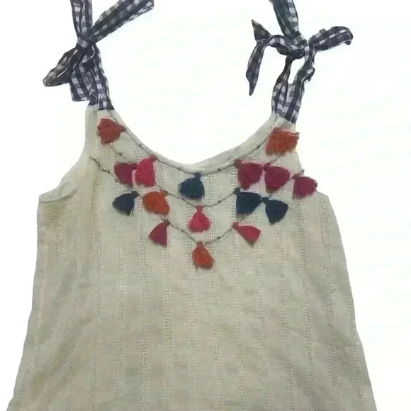 THML Multi Colored Tassel Cream Tank Blue Gingham Ribbon Ties size Small - Picture 1 of 10